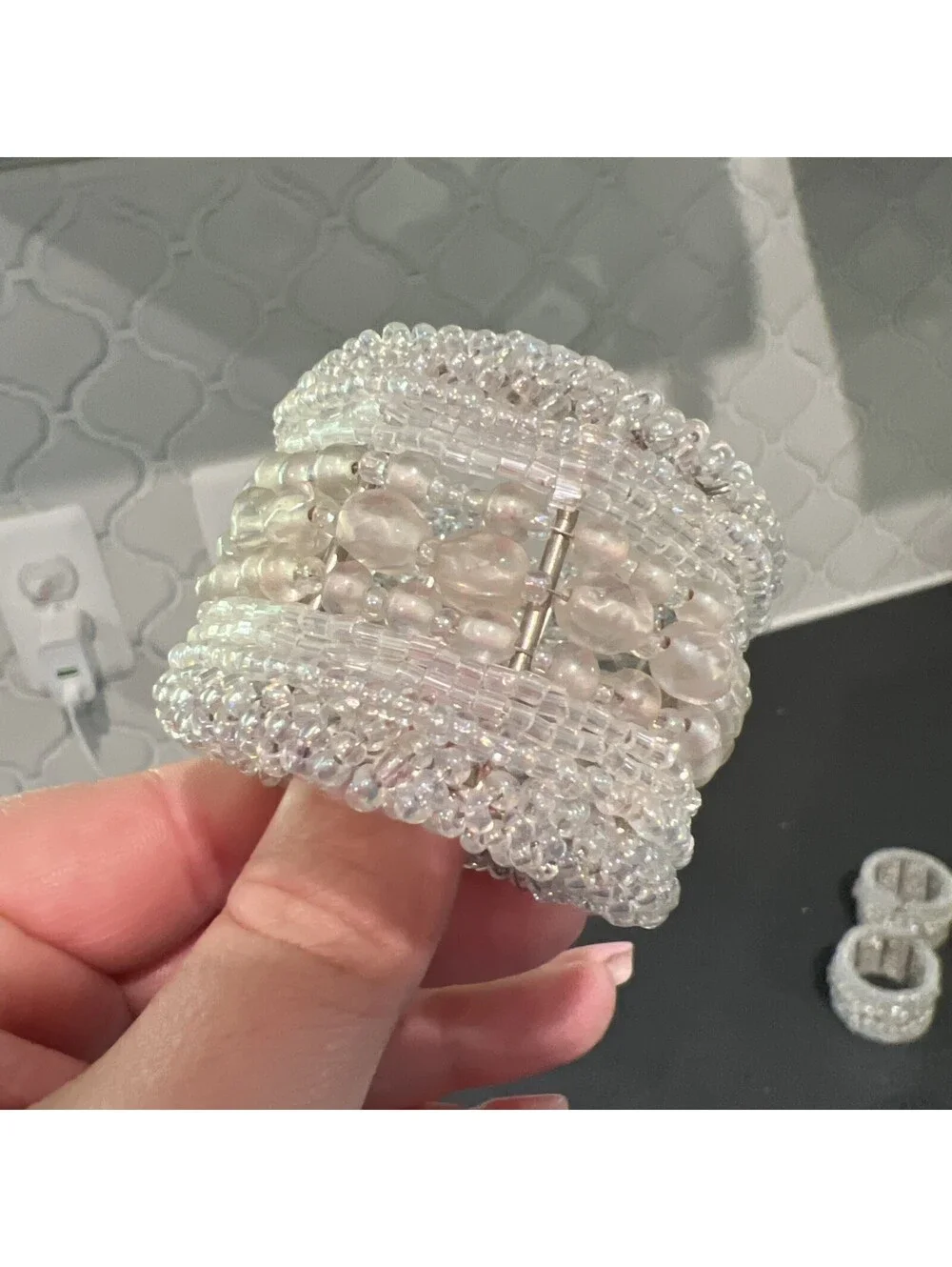 Iridescent/Clear Beaded Napkin Rings 1.5” Opening Set Of 4